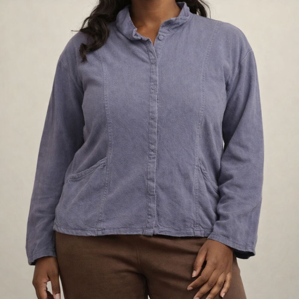 FLAX Jeanne Engelhart Button Down Shirt Blouse Womens Medium Lagenlook Blue Gray